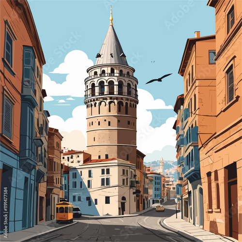 Galata Tower in Istanbul, Turkey,famous Turkish landmark,tourism destination,architecture of Istanbul,vector illustration