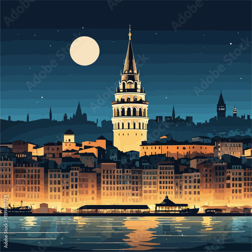 Galata Tower,night view,Istanbul, Türkiye, famous Turkish landmark, tourism destination, Istanbul architecture, vector illustration