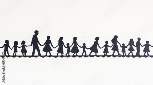 Black silhouette cutouts of family members holding hands on white background for concept