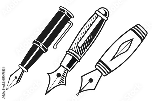 Minimalist writing tools, black and white icons, pencils, pens, fountain pens, stylized designs, simple lines, graphic design elements, stationery symbols, creative tools, writing implements, modern p