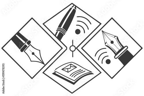 Minimalist writing tools, black and white icons, pencils, pens, fountain pens, stylized designs, simple lines, graphic design elements, stationery symbols, creative tools, writing implements, modern p