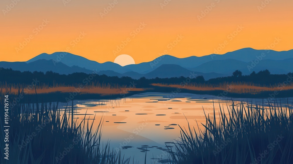 Fototapeta premium Serene Sunset Over Mountain Lake Landscape