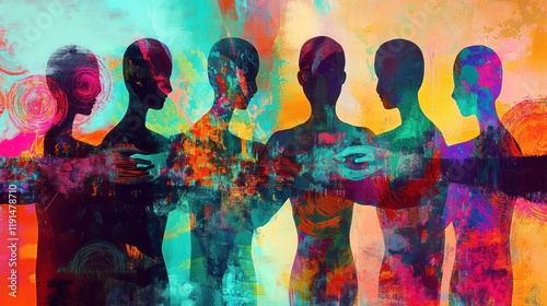 Colorful abstract painting of several figures standing side by side with their arms around each other