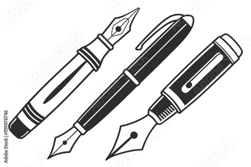 Minimalist writing tools, black and white icons, pencils, pens, fountain pens, stylized designs, simple lines, graphic design elements, stationery symbols, creative tools, writing implements, modern p