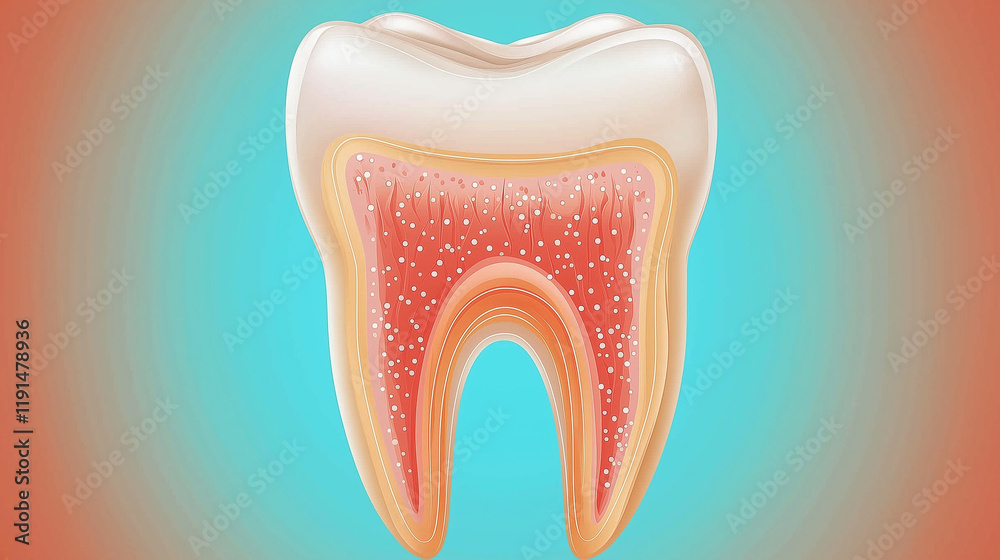 Anatomical illustration of a tooth cross-section with detailed layers Anatomical illustration of a tooth cross-section with detailed layers