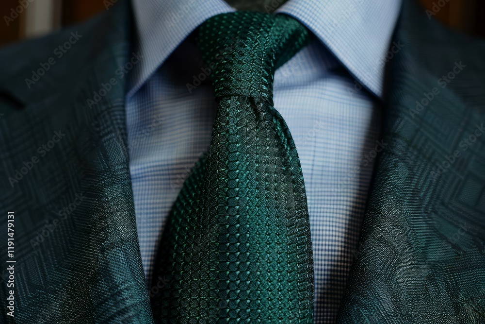 Φωτογραφία Close up of an elegant green tie knotted on a light blue shirt, showcasing a sop