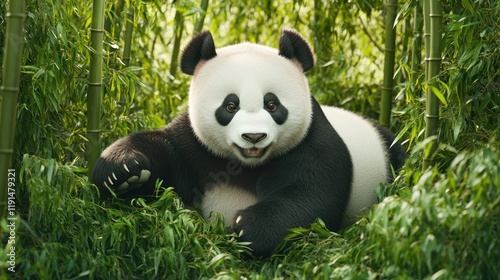 Playful Panda Relaxing in a Tranquil Bamboo Forest Surrounded by Lush Greenery photo