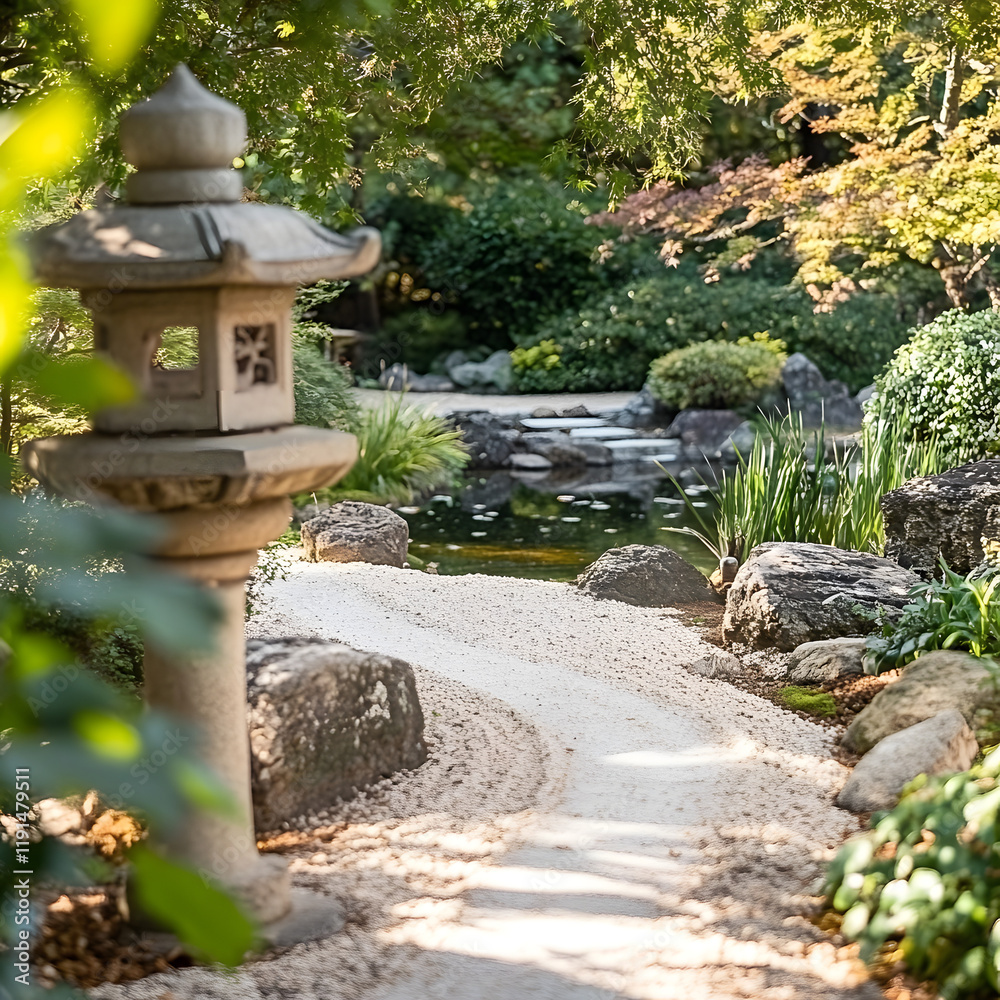 Serene garden path leading to a tranquil pond, framed by lush greenery and a stone lantern. Serene garden path leading to a tranquil pond, framed by lush greenery and a stone lantern.