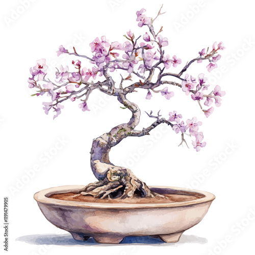 A watercolor vector of a desert willow bonsai, isolated on a white background. Desert Willow Bonsai vector.
