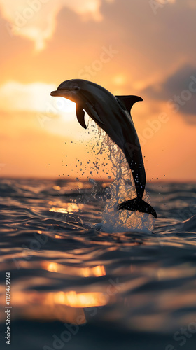 Graceful Dolphin Silhouette Soars High Above the Tranquil Ocean at Dusk, Showcasing Nature's Beauty and Freedom photo