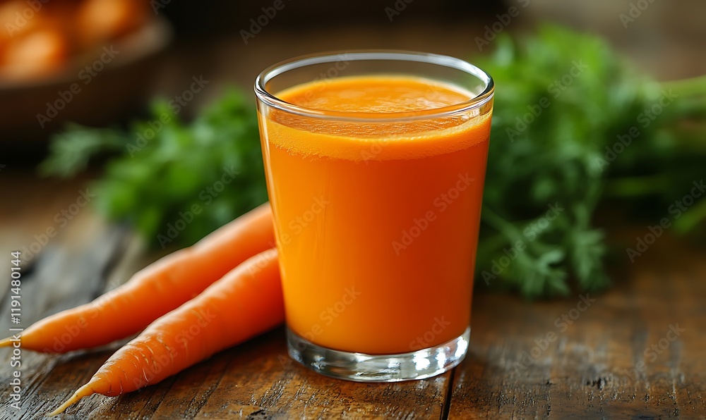A glass of carrot juice surrounded by fresh carrot slices, ginger, and lemon A glass of carrot juice surrounded by fresh carrot slices, ginger, and lemon