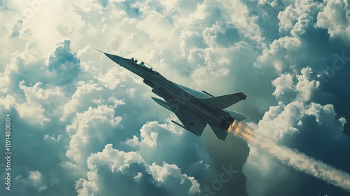 A fighter jet soaring through clouds, leaving a trail of exhaust in the sky. Starstream. Illustration