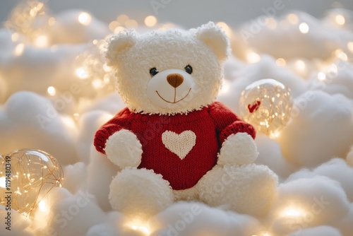 Festive teddy bear in winter scene, lights