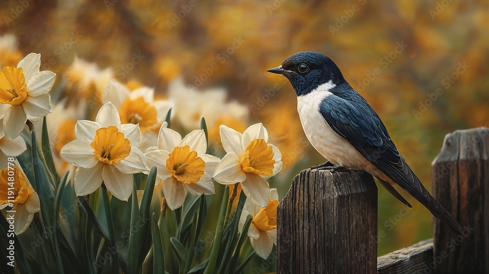 Obraz premium Small Bird with Tranquil Mood Perched on a Weathered Fence Against a Blooming Daffodil Background 