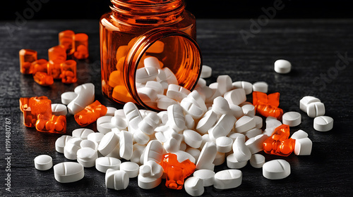 Closeup shot of spilled white pills from an amber jar, scattered alongside orange gummy candies on a dark surface.  Highquality image ideal for medical, pharmaceutical, or healthrelated content. photo