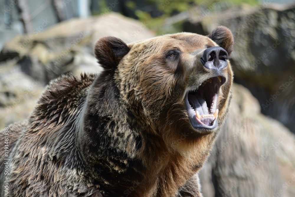 Fototapeta premium Brown bear opening its mouth showing teeth and tongue, growling and roaring