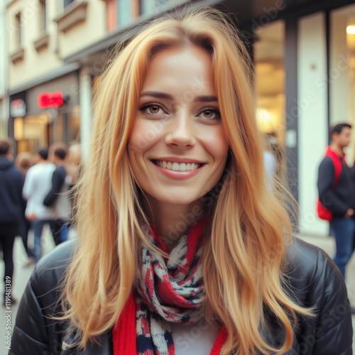 Wallpaper Mural Blonde hair and colorful scarf while walking through busy city Torontodigital.ca