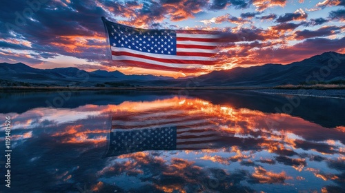 American flag reflecting in water at sunset with dramatic clouds and mountains in the background