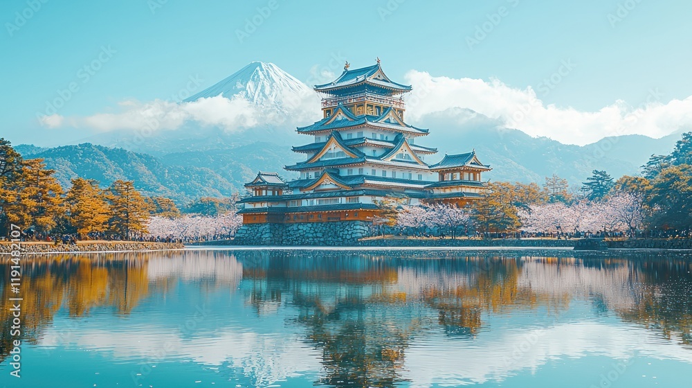 Fototapeta premium Majestic Matsumoto Castle with Mount Fuji in the Background