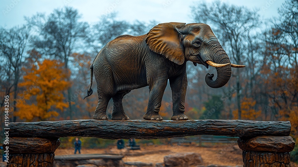 Fototapeta premium Circus elephant performing tricks balancing on a small platform with its trunk raised while trainers cheer it on from the sidelines