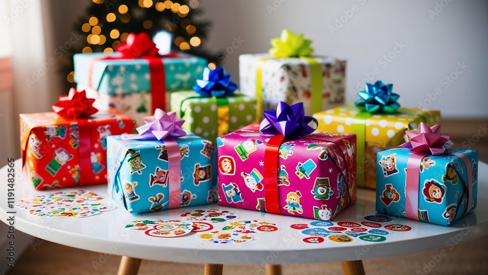 Naklejka premium Colorful wrapped presents with bows on a table in a cozy holiday setting 