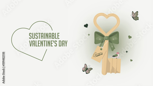 Sustainable Valentine's Day banner. Eco-Friendly Key Illustration with Butterflies. Sustainable love celebration concept. Flat style. Ecological love.  Green valentine banner. Vector illustration
