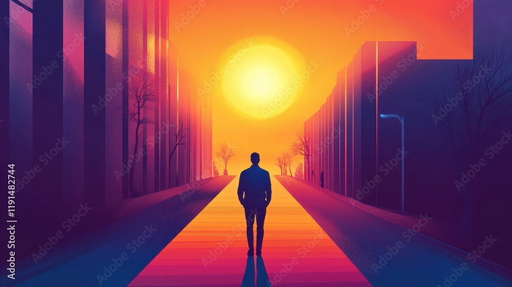Man Walks Towards Sunset Cityscape Path Man Walks Towards Sunset Cityscape Path