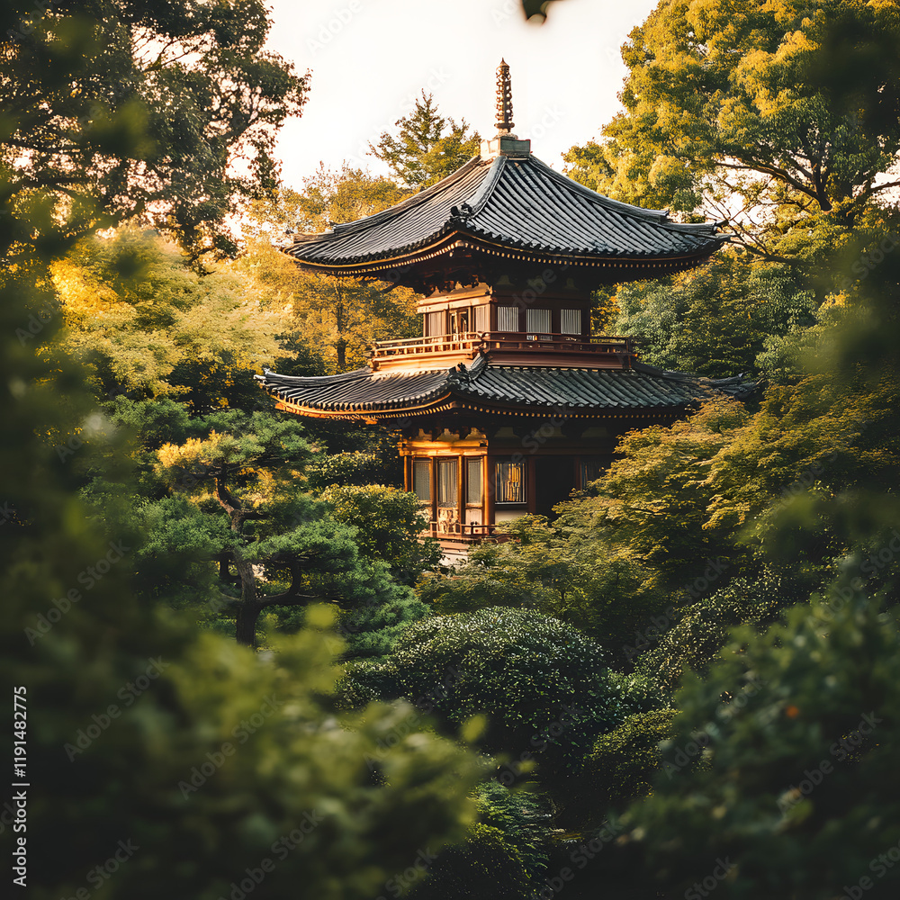 Obraz premium Serene pagoda nestled amongst lush greenery, bathed in the soft light of sunset.