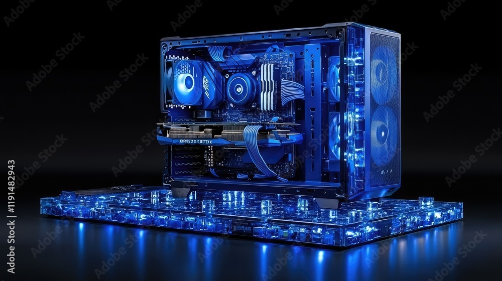 Fototapeta premium Illuminated Blue Custom Built Gaming Computer System