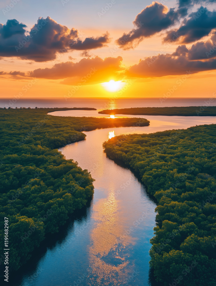Sunset over coastal mangrove restoration project enhancing biodiversity Sunset over coastal mangrove restoration project enhancing biodiversity