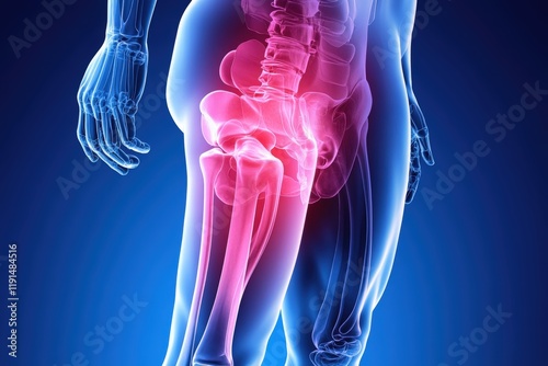 Highlighted hip joint showing pain in human body anatomy
