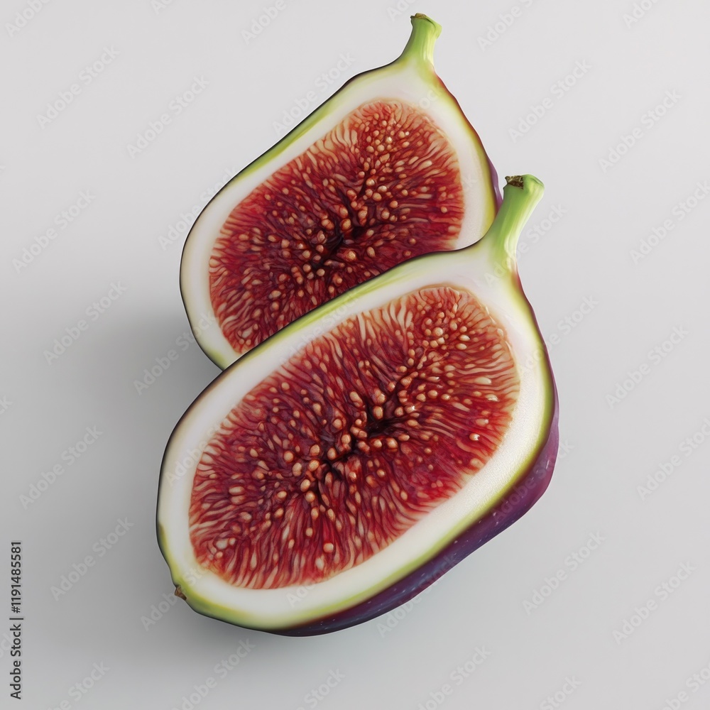 Juicy figs cut in half, showcasing vibrant pink flesh and tiny s Juicy figs cut in half, showcasing vibrant pink flesh and tiny s