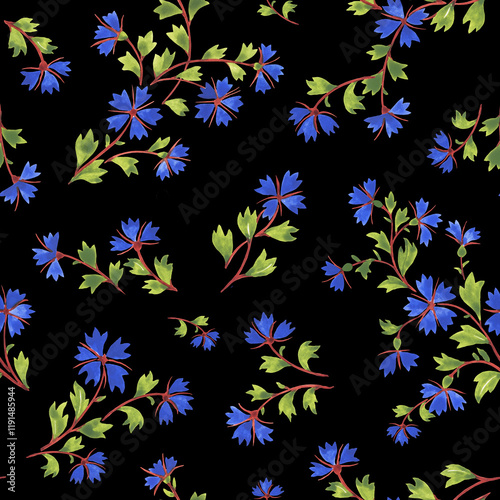 Seamless pattern with bouquets of blue stylized flowers cornflowers (Centaurea cyanus, bachelor's button, knapweed or bluett). Watercolor hand drawn painting illustration isolated on black background. photo