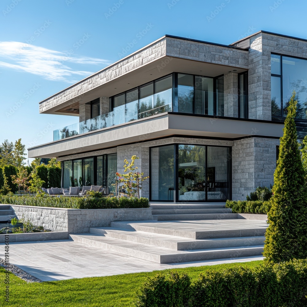 Modern luxury home with sleek architecture and elegant landscaping Modern luxury home with sleek architecture and elegant landscaping