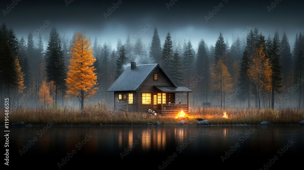 Obraz premium Cozy Autumn Cabin by the Lake with Bonfire