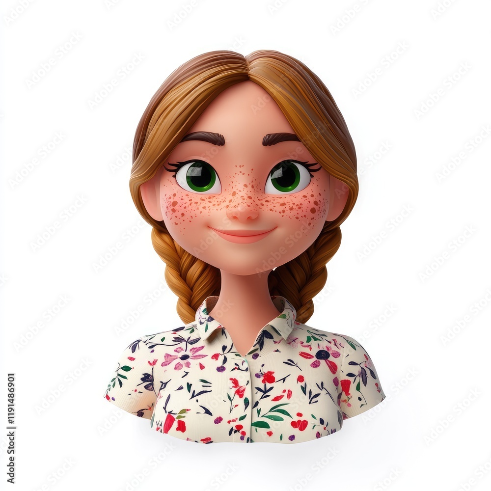 3D Memoji of a European woman with freckles and braided hair displaying a gentle smile against a white background 3D Memoji of a European woman with freckles and braided hair displaying a gentle smile against a white background