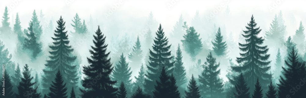 Fototapeta premium Seamless natural panoramic background, misty landscape with fir forest, hipster vintage retro style