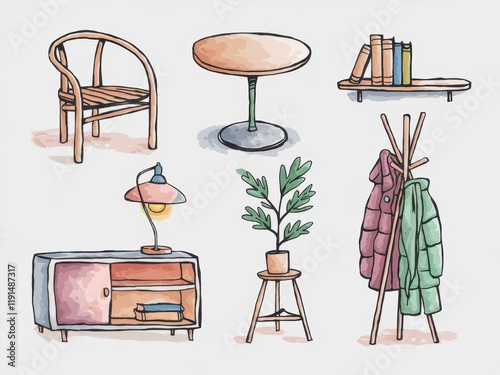 Watercolor Illustration of Cozy Home Furniture and Decor photo