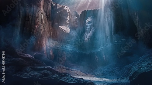 Mystical ancient stone faces carved into canyon walls bathed in ethereal light and fog