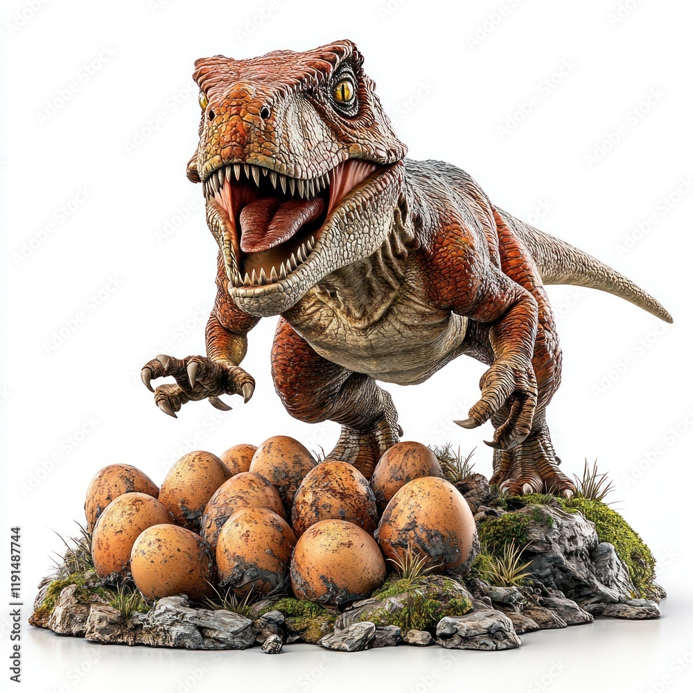 Fototapeta premium Tyrannosaurus Rex guarding eggs; prehistoric scene; education, museum exhibit
