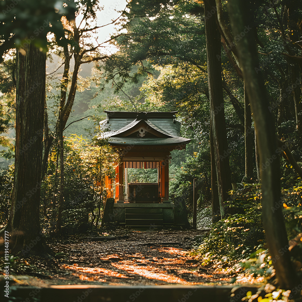 Tranquil forest shrine bathed in morning sunlight. A serene path leads to a small, traditional structure nestled amongst ancient trees.