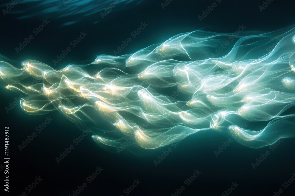 Fototapeta premium Bioluminescent plankton swirling in mystical underwater light
