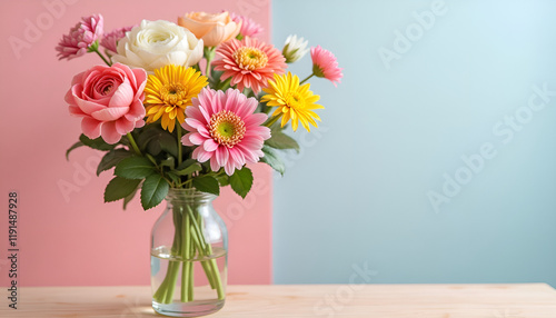 Wallpaper Mural Colorful flower bouquet with roses and gerberas in a glass jar on a two-tone background  for Women's Day Torontodigital.ca