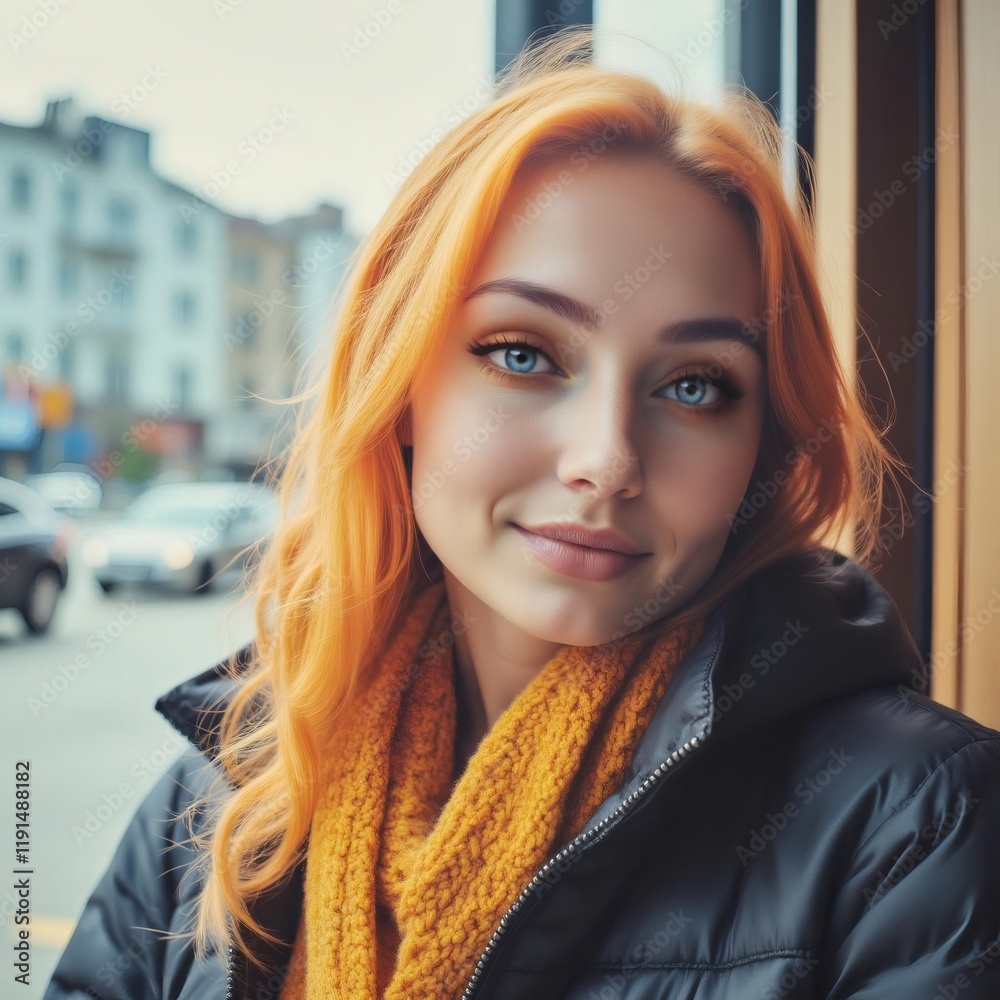 Fototapeta premium Person with long wavy hair, black jacket, yellow scarf, posing in urban setting