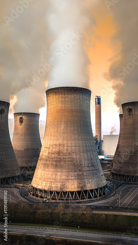 Vertical aerial view of cooling towers at a power plant with pollution photo