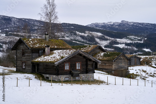 Traditional Norwegian Log Cabins at the Foot of Norefjell Mountain Near Eggedal in Winter photo