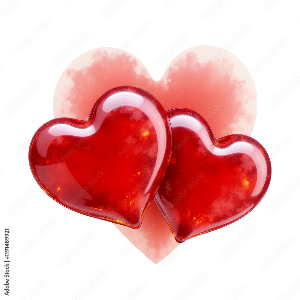 Two glossy red hearts with light reflections, placed against a soft watercolor-style heart-shaped background, symbolizing love. Valentine's day, wedding illustration. Two glossy red hearts with light reflections, placed against a soft watercolor-style heart-shaped background, symbolizing love. Valentine's day, wedding illustration.