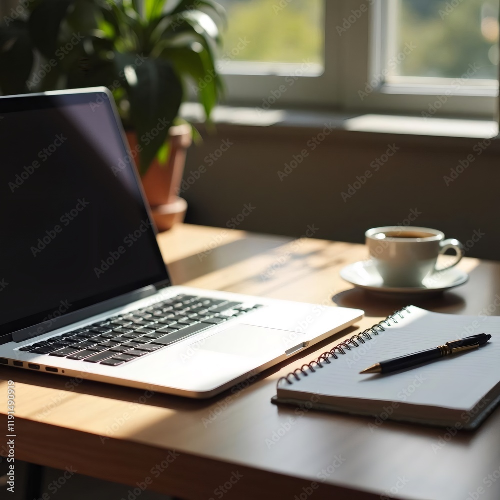 Workspace at home with laptop, coffee and notebook under natural light Workspace at home with laptop, coffee and notebook under natural light