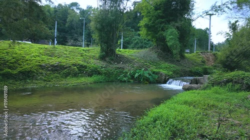 Wide View of a Small Stream with Waterfall