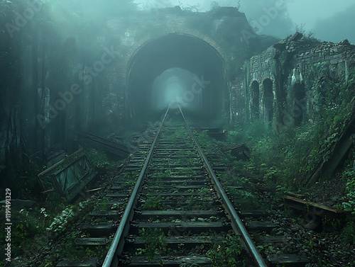 The overgrown railway tracks are surrounded by debris photo